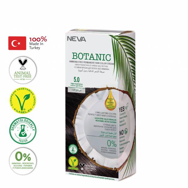 NEVA BOTANIC  (VEGAN) AMMONIA FREE PERMANENT HAIR COLOR CREAM 5.0 - INTENSE LIGHT BROWN 60ML